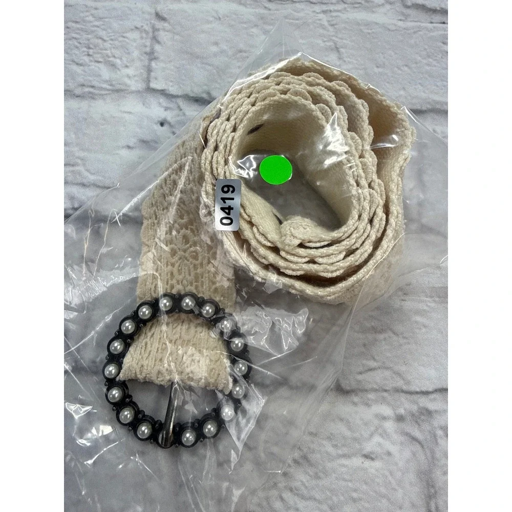 Lace Canvas Belt Womens Size 3 Cream Excellent Pearl Buckle Boho Cottage